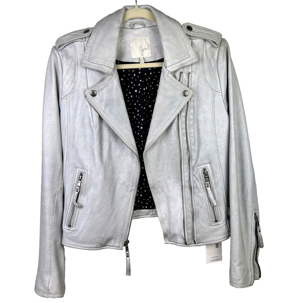 Joie Leolani Leather Moto Jacket Mtl Silver Full Zip Long Sleeve Cotton Lined M